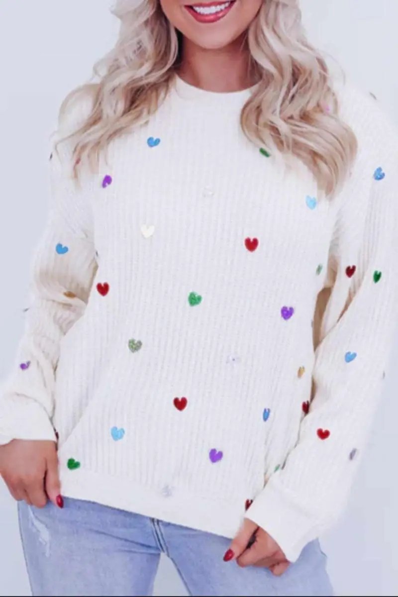Heart Sequin Round Neck Long Sleeve Sweater - Love Salve